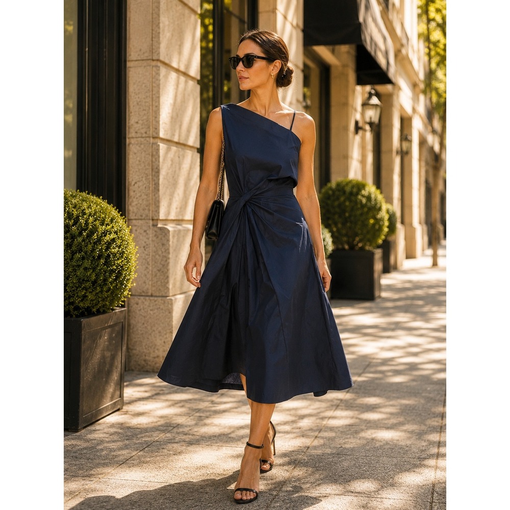 Donna Karan One Shoulder Silk Dress Navy Blue Size 4 Cocktail‎ Evening.
